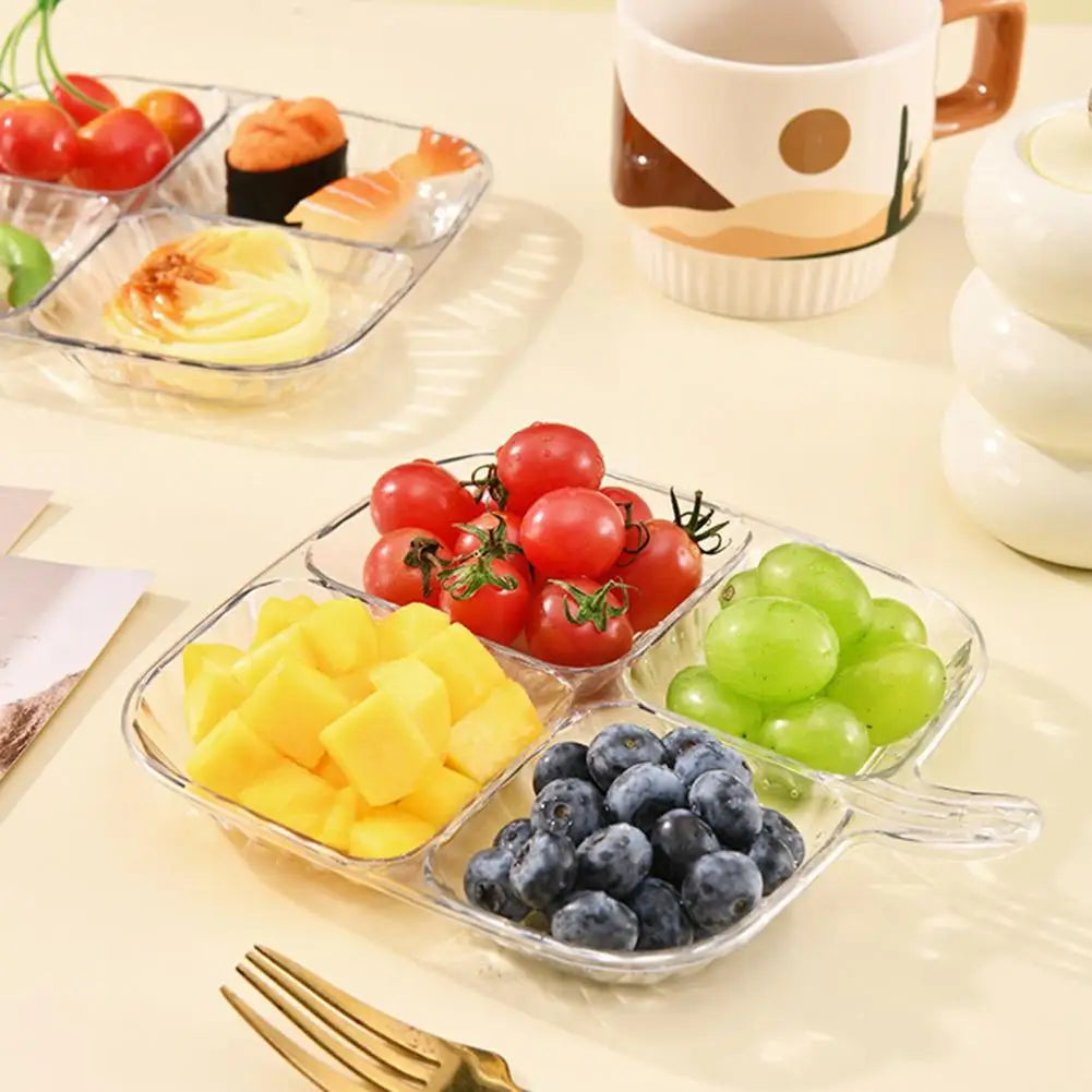 Space-saving Dinner Plate 4-compartment Dried Fruit Snack Plate with Handle Space-saving Candy Pastry Appetizer Serving Platter