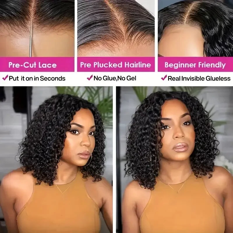 4x4 Put On And Go Glueless Bob Wigs Human Hair Curly For Women Pre Plucked Pre Cut Lace Ready To Wear Kinky Curly Lace Front Wig