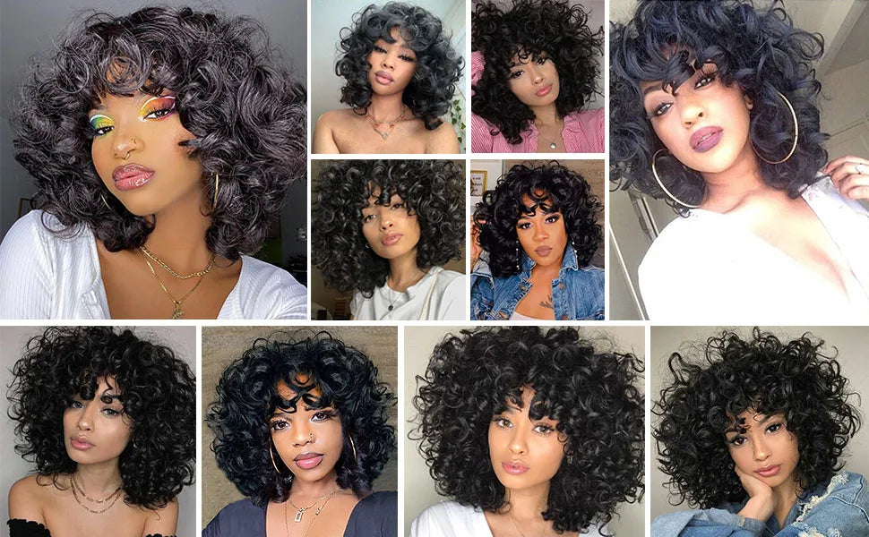 Curly Synthetic Wigs Short Kinky Curly Black Wigs for Women Big Curly Afro Soft Wig with Bangs Heat Resistant Natural Cute Wig