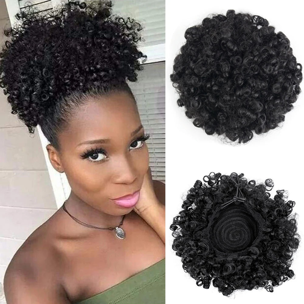 Afro Curly Ponytail Puff Chignon Wig Drawstring Ponytail Short Afro Kinky Pony Tail Clip In on African Synthetic Hair Bun Pieces