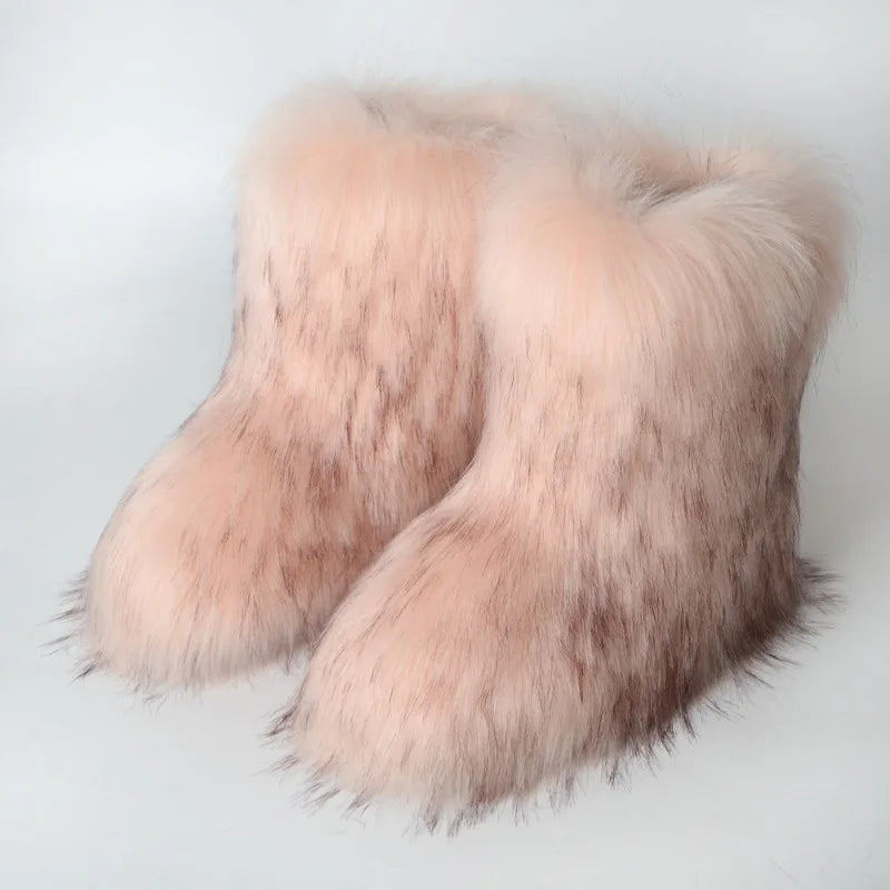 Women's Winter Fluffy Faux Fox Fur Boots Woman Plush Warm Snow Boots Luxury Footwear Girls' Furry Fur Bottes Fashion Winter Shoe