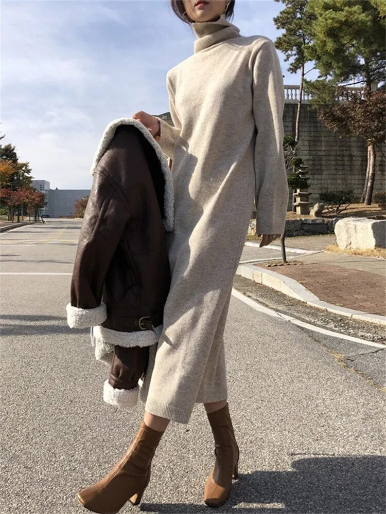 Thick Winter Women'S Dress 2021 Fall Sweater Women Dress Long Sleeve  Knitted Dresses Maxi Vintage Oversize Dresses Knitting