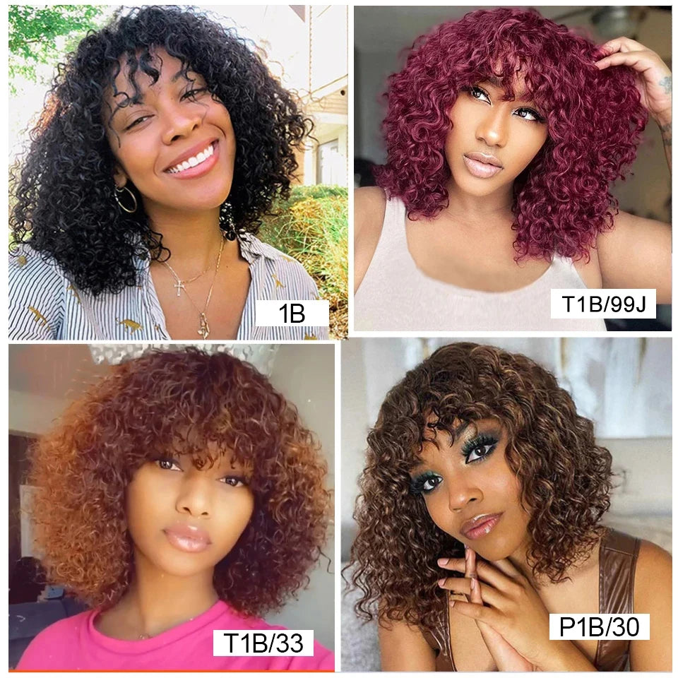 Black Pearl Jerry Curly Wig With Bangs Human Hair Glueless Wigs Short Pixie Bob Cut Human Hair Wigs With Bangs Highlight Bob Wig