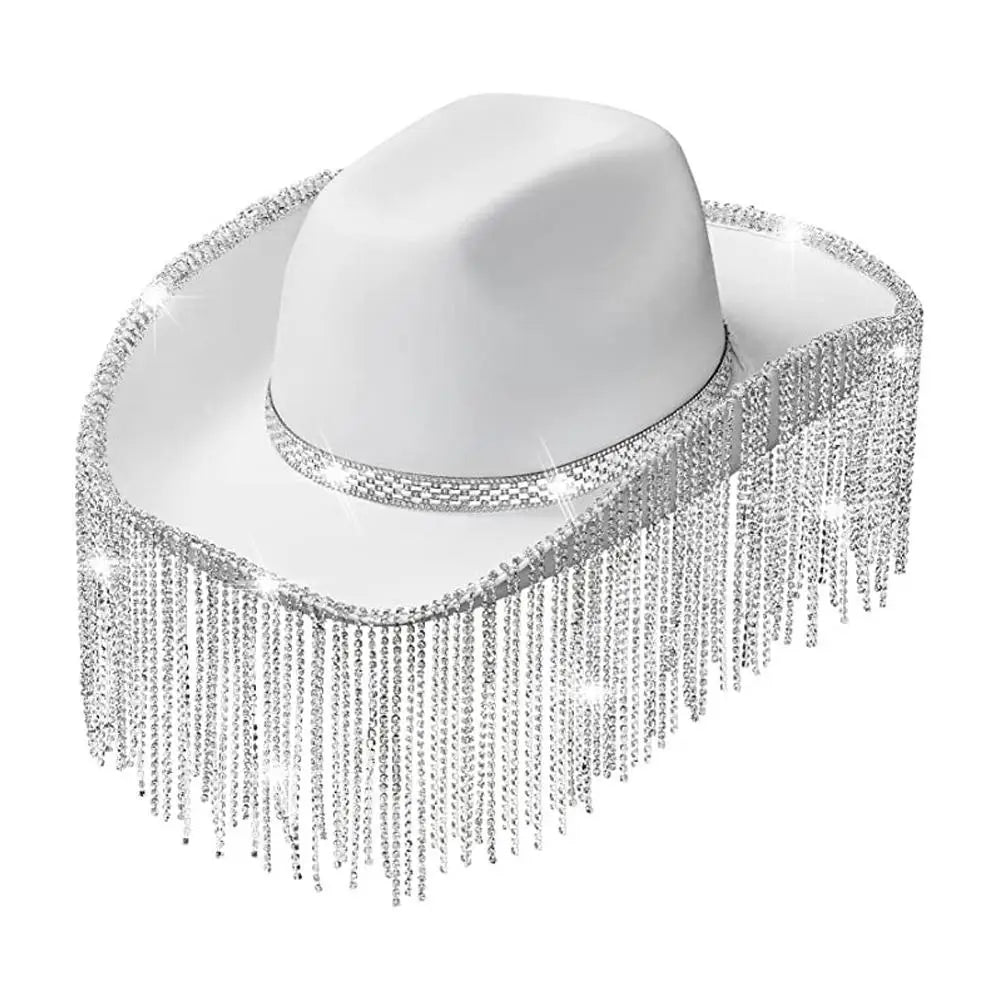 Women Fashion Rhinestone Sequins Fringe Cowgirl Hat Western Cowboy Cap Adjustable Drawstring Wide Brim Party Jazz Top Hat