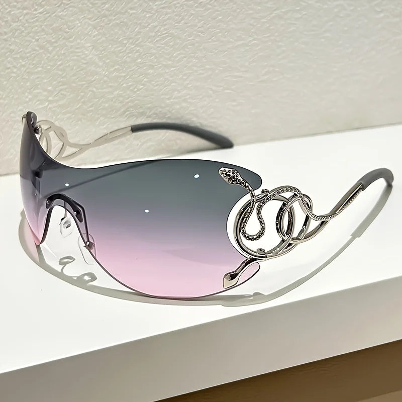 Y2K Style Sunglasses with Snake Pattern Decoration: Zinc Alloy Rimless Design, PC Lenses, Metal Hinges Perfect Street Fashion.
