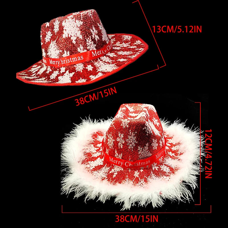 Christmas Feather Edge Cowboy Hat Wide Brim Snowflake Pattern Letter Ribbon Cowgirl Hat Party Accessories New High Quality