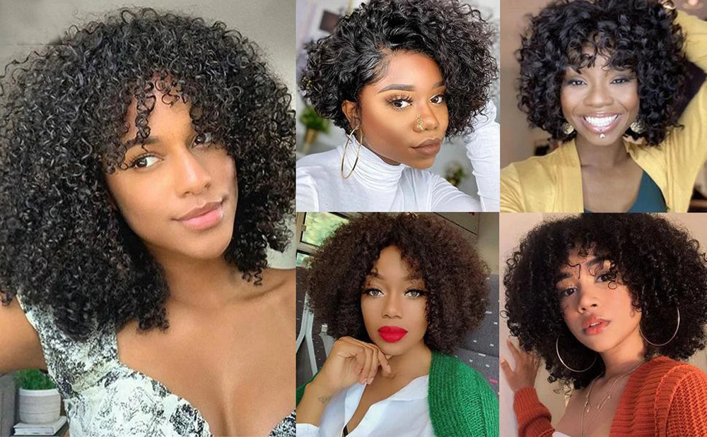 Short Curly Bob Wig With Bangs Natural Black Brazilian Curly Human Hair Wig For Women Machine Made 180% Density