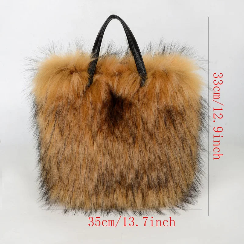 Luxury Design Women's Faux Fur Handbag Winter Soft and Fluffy Large Capacity Tote Bag High Quality Pu Splicing Shopper Purses