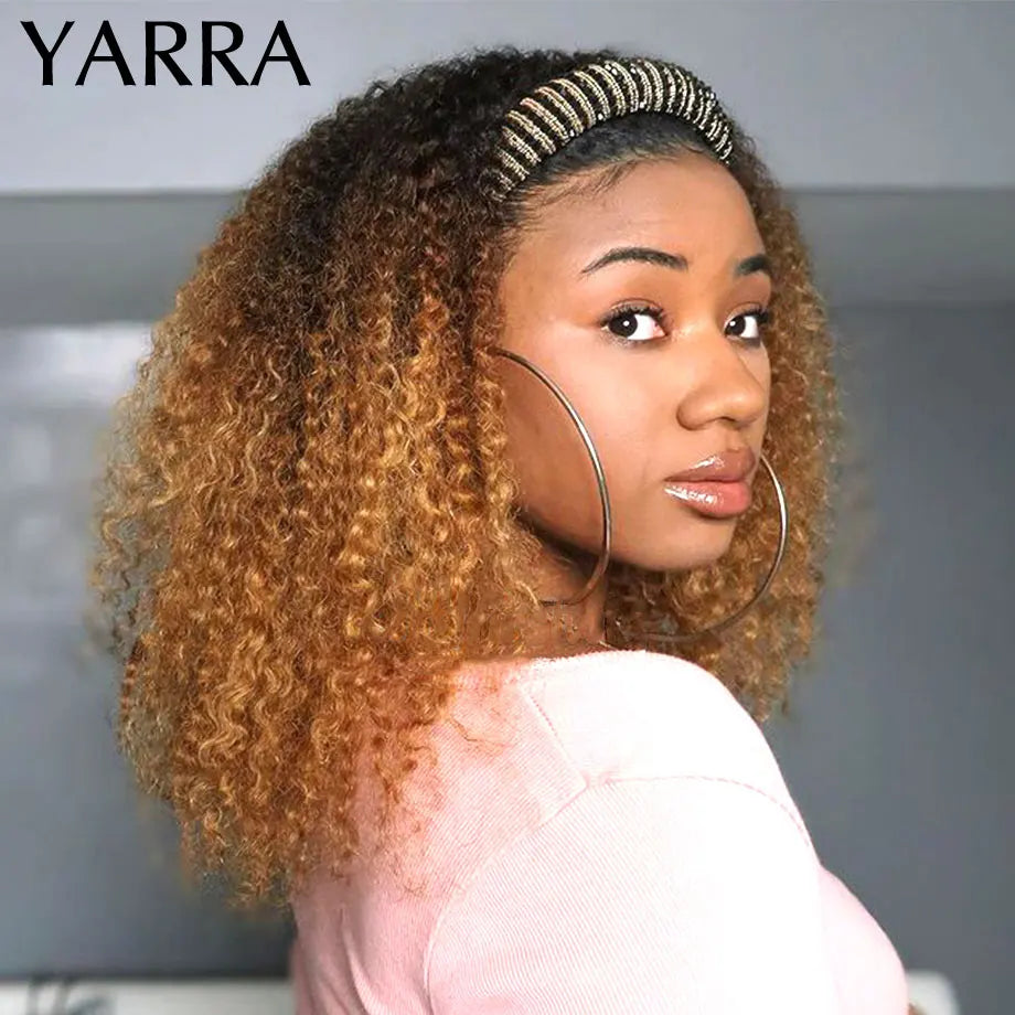 Afro Kinky Curly Headband Wig Human Hair Ombre 1b/30 Remy Brazilian Hair Headband Wigs for Black Women 180% Machine Made Yarra