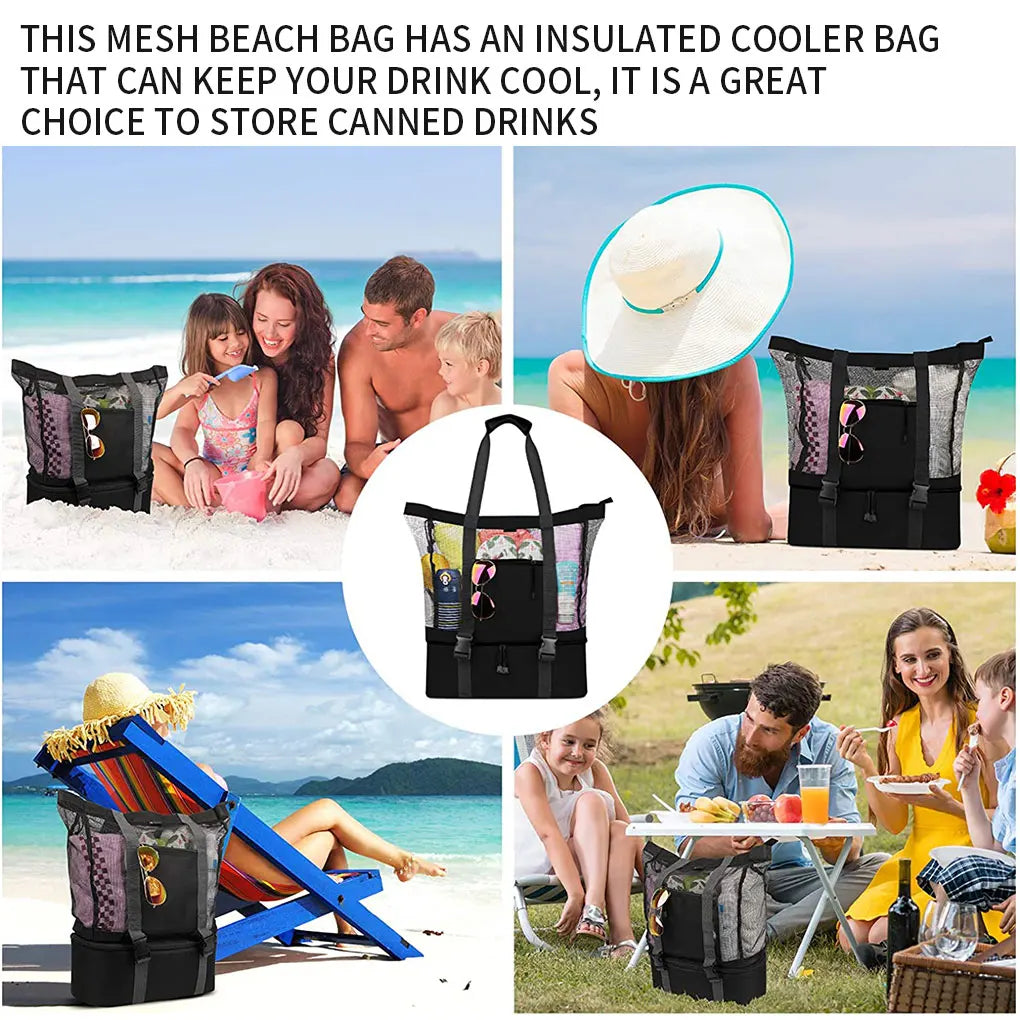 Beach Bag Mesh Tote Handbag with Insulated Cooler Bag Summer Vacation Beach Walking Handbag  Black