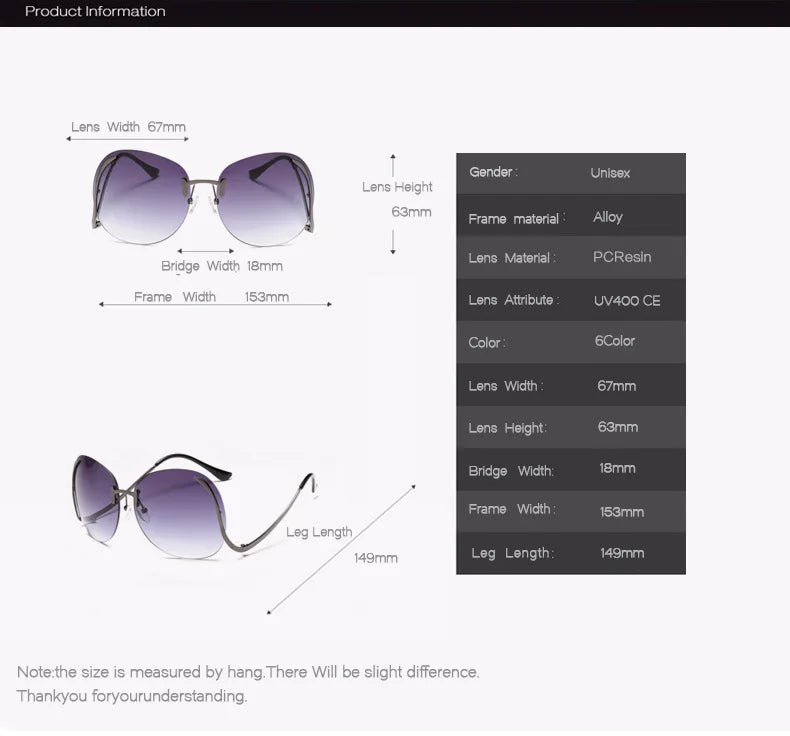 Oversized Rimless Gradient Sunglasses Women Brand Designer Round Sun Glasses Shades Female Big Frames Visor Glasses UV400