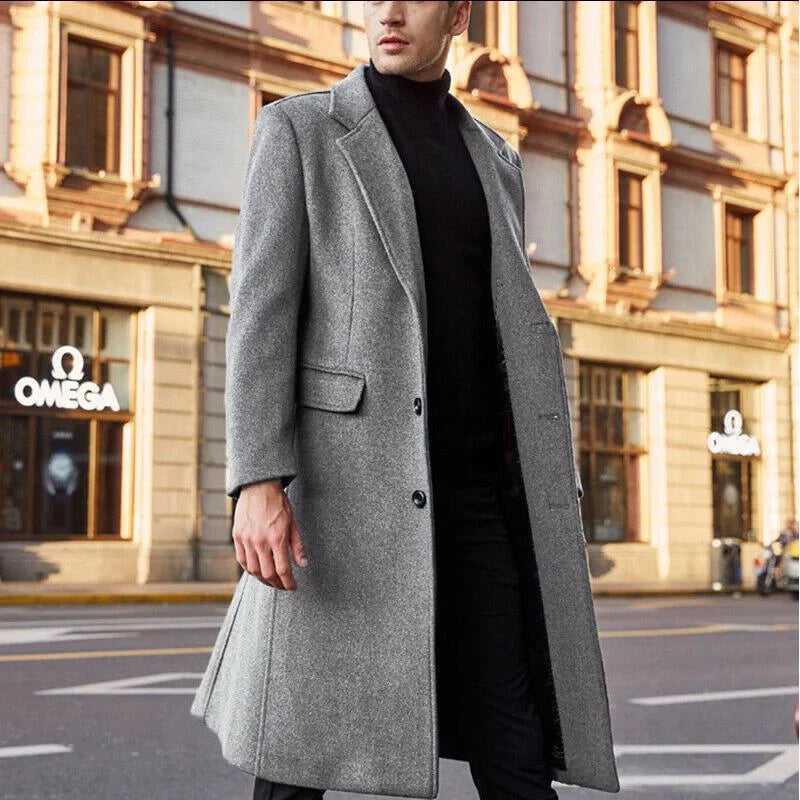 New British Men Long Trench Coat Woolen Coat Men's Woolen Coat