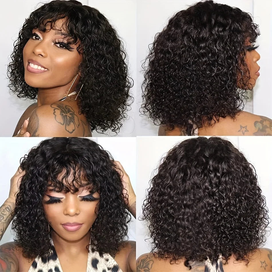 Kinky Curly Wigs Human Hair 100%-8 to 16 Inch Short Bob Wigs with Bangs-Natural-Looking Hairpiece for Everyday Wear Machine Made