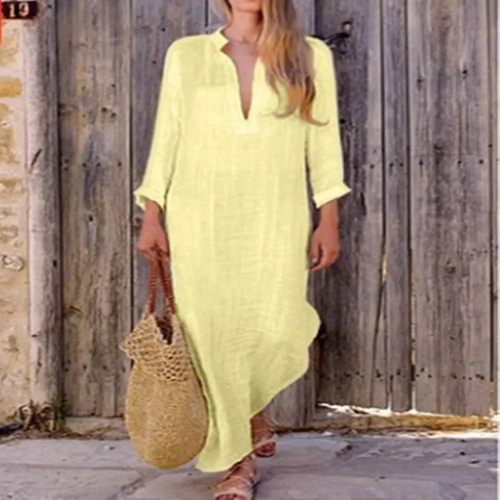 Women's Long Dress Cotton Linen V-neck Loose Casual Fashion Dresses Female Trendy Elegant Beach Ladies Clothes