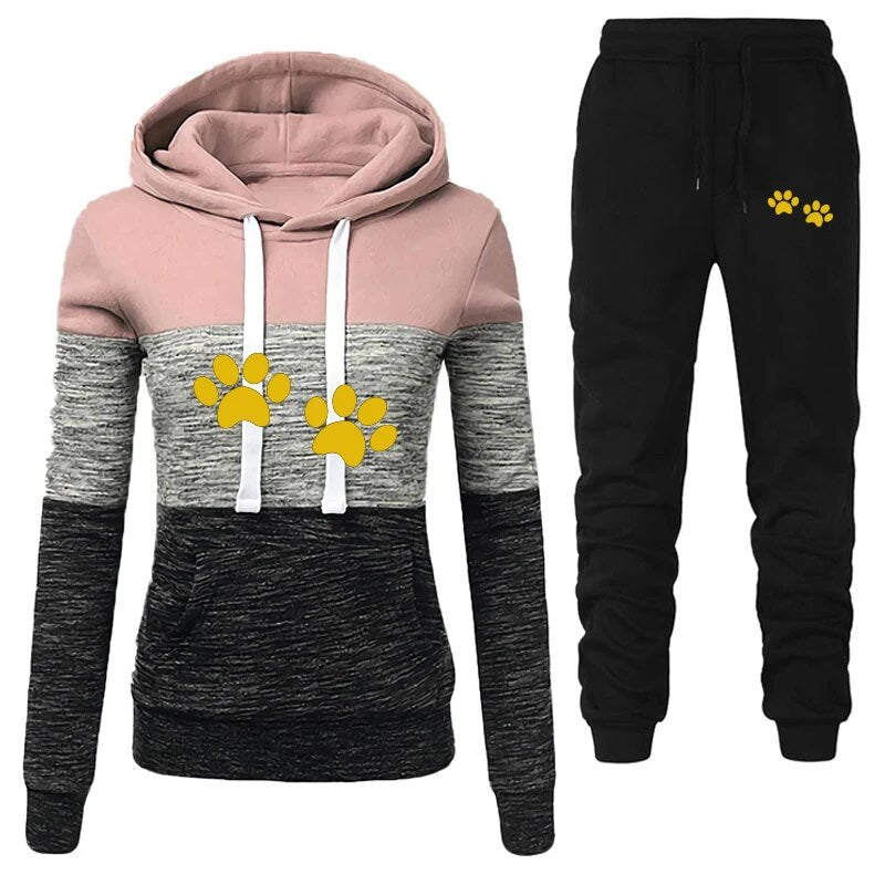 Cat Paw Printed Women Tracksuit Patchwork Hoodies and Pants 2 Piece Set  Long Sleeve Autumn Female Outfits Jogging Sport Suit