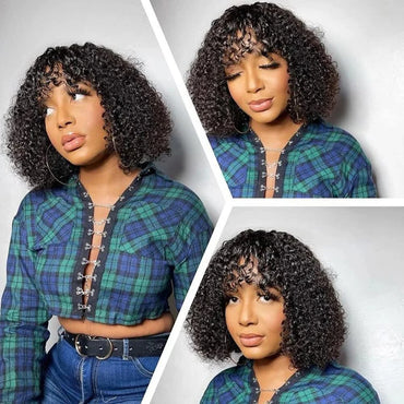 Short Curly Bob Wig With Bangs Natural Black Brazilian Curly Human Hair Wig For Women Machine Made 180% Density