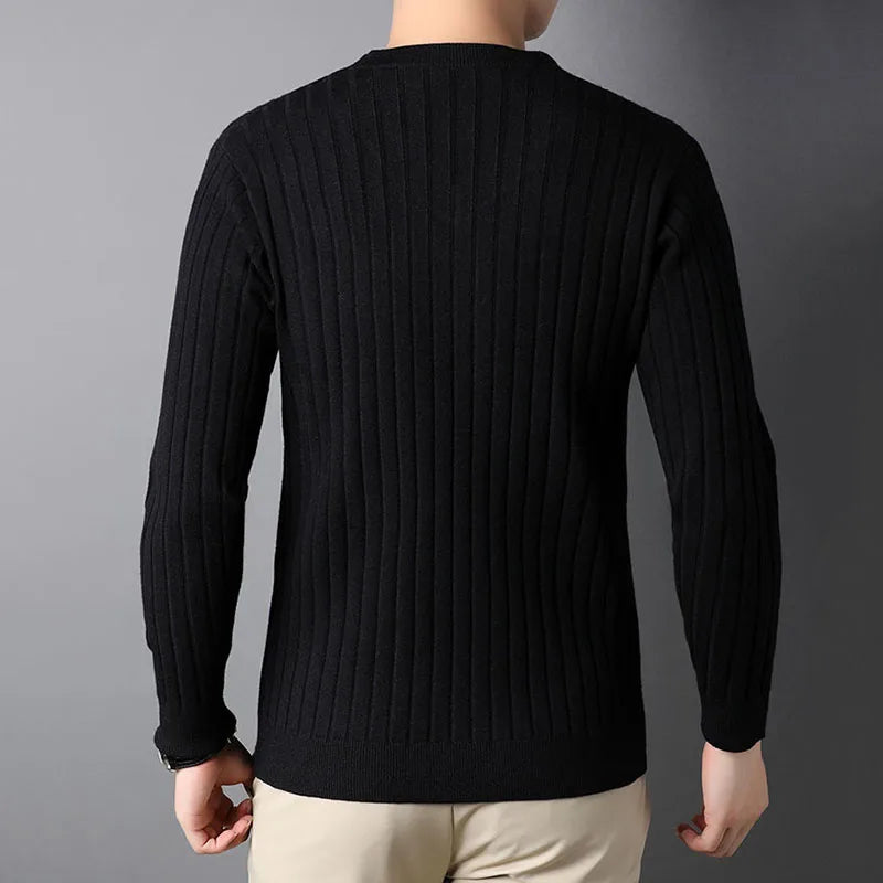 Autumn Winter New Men V-neck Sweater Solid Vertical Stripes Casual Korean Fashion Slim Long Sleeve Bottoming Knitted Pullovers