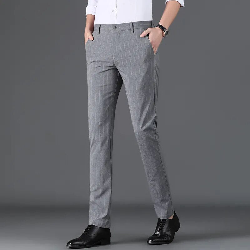 Men Business High-quality Casual Elegant Pants Cotton Soft Loose Stripe  Trousers Suit Slacks Elasticity