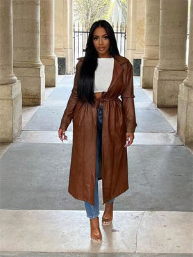 Women Clothing PU Coat Trench Jacket Fashion Street Outwear with Belt Pockets Long Style Tops Wholesale