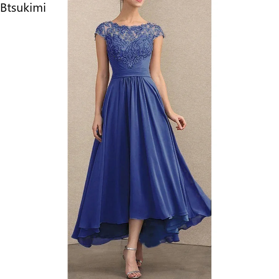 2024 Women's Elegant Evening Dresses O-Neck Sleeveless A-LINE Lace Chiffon Long Dresses Simple Prom High Waist Dress Female Robe