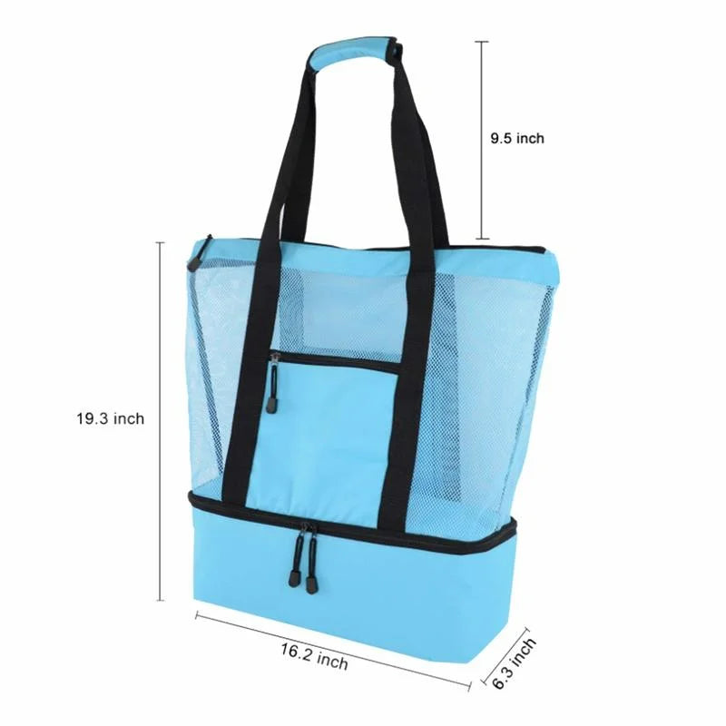 Tote Bag Mesh Beach Tote Bag with Insulated Cooler Compartment Extra Large Pool Picnic Cooler Bag with Zipper Closure for Travel