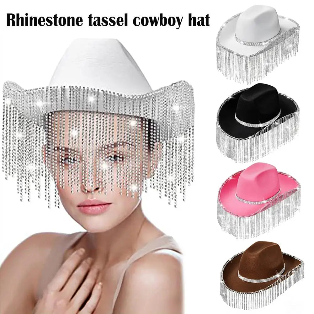 Women Fashion Rhinestone Sequins Fringe Cowgirl Hat Western Cowboy Cap Adjustable Drawstring Wide Brim Party Jazz Top Hat