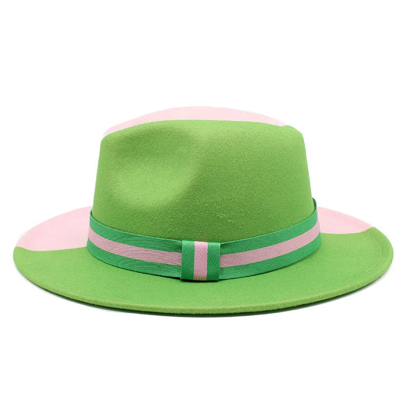 Patchwork Fedora Hat Colorful Two Tone Unisex Men Womens Panama Hat Green Pink British style Trilby Party Formal Panama Cap