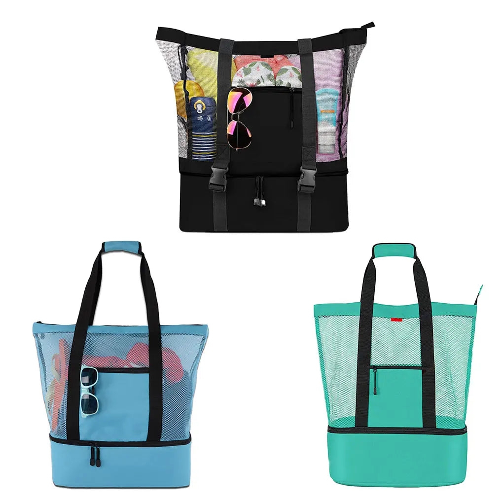 Beach Bag Mesh Tote Handbag with Insulated Cooler Bag Summer Vacation Beach Walking Handbag  Black