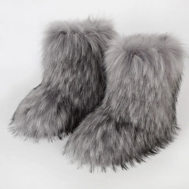 Women's Winter Fluffy Faux Fox Fur Boots Woman Plush Warm Snow Boots Luxury Footwear Girls' Furry Fur Bottes Fashion Winter Shoe