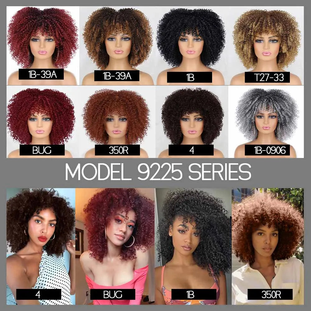 LINGHANG Short Hair Afro Kinky Curly Wigs With Bangs For Black Women African Synthetic Omber Glueless Cosplay Wigs Gradient Hair