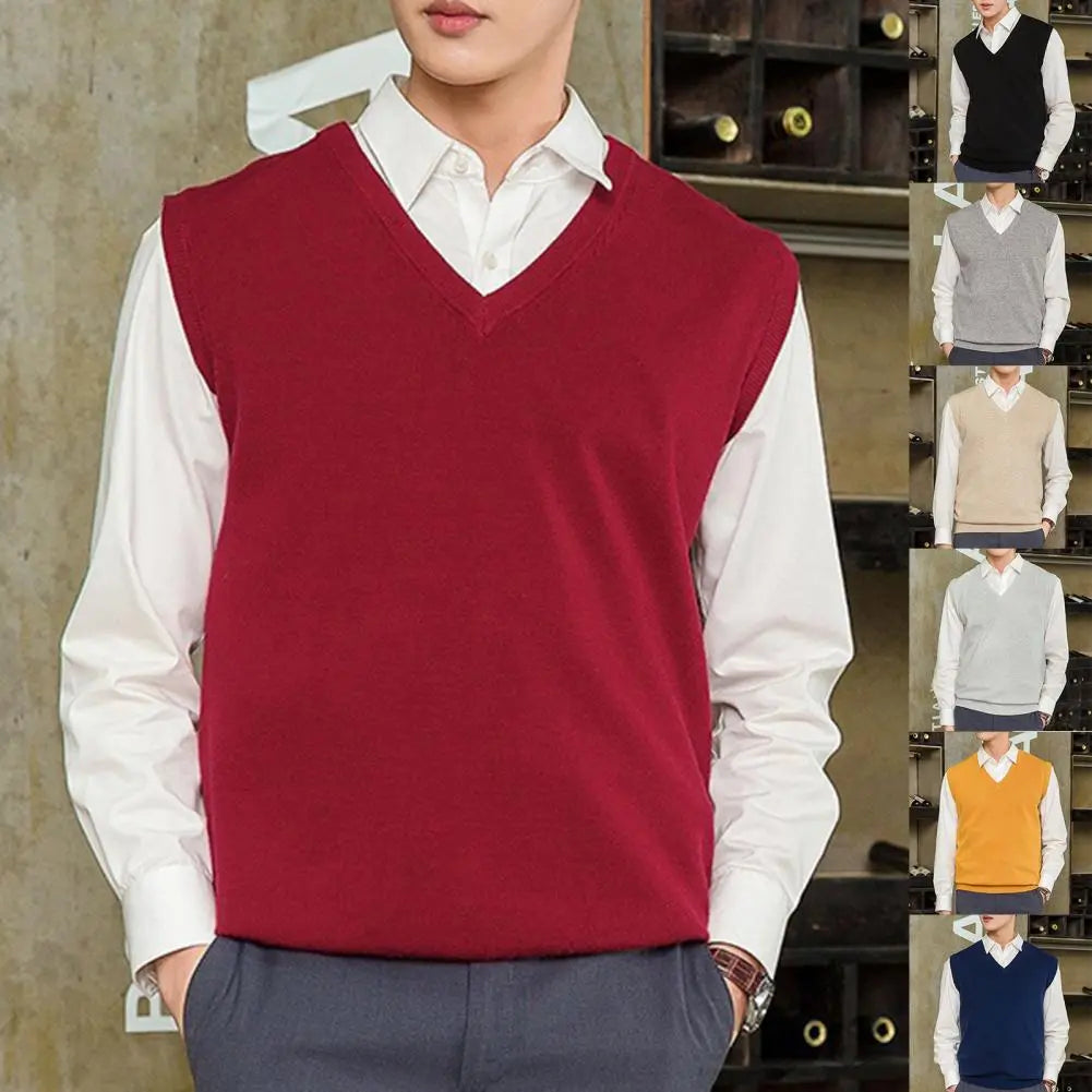 Sleeveless Loose Warm Sweater Vest Men Solid Color V-neck Pullover Waistcoat Men Autumn Winter Knitted Vest