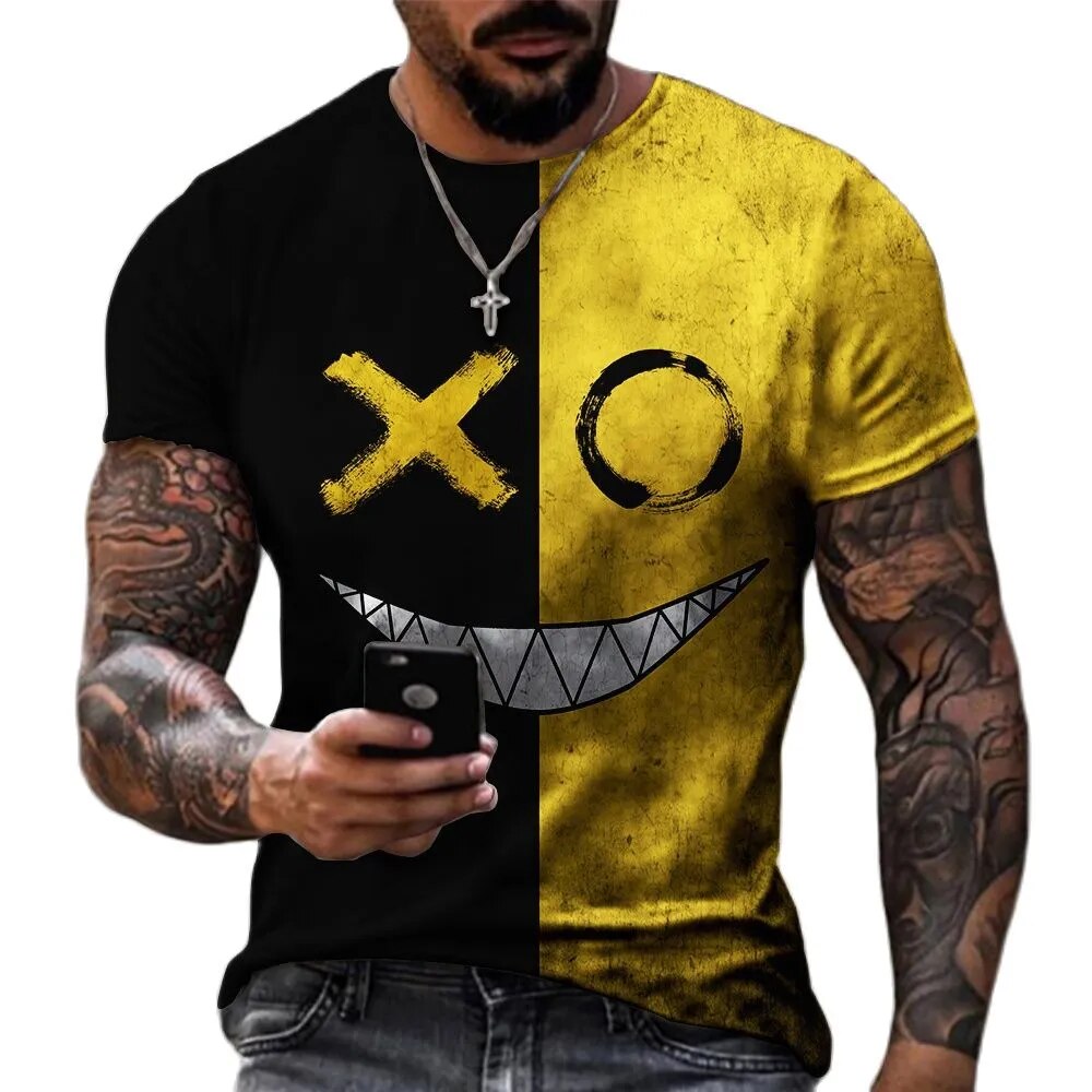 Funny XOXO Smiling Face Graphic 3D Printed Men's T-shirts Street Fashion Casual Sports Shirt Male O-Neck Oversized T-Shirt Tops