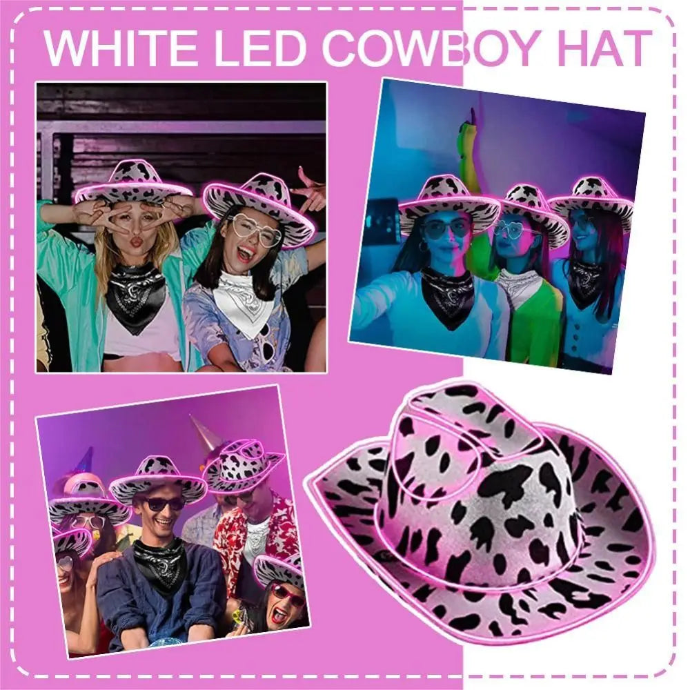 Pink Space Cowgirl Hat Wide Brim Holographic Western Cowboy Hat Cosplay Prop LED Luminous Cowboy Hat Wedding