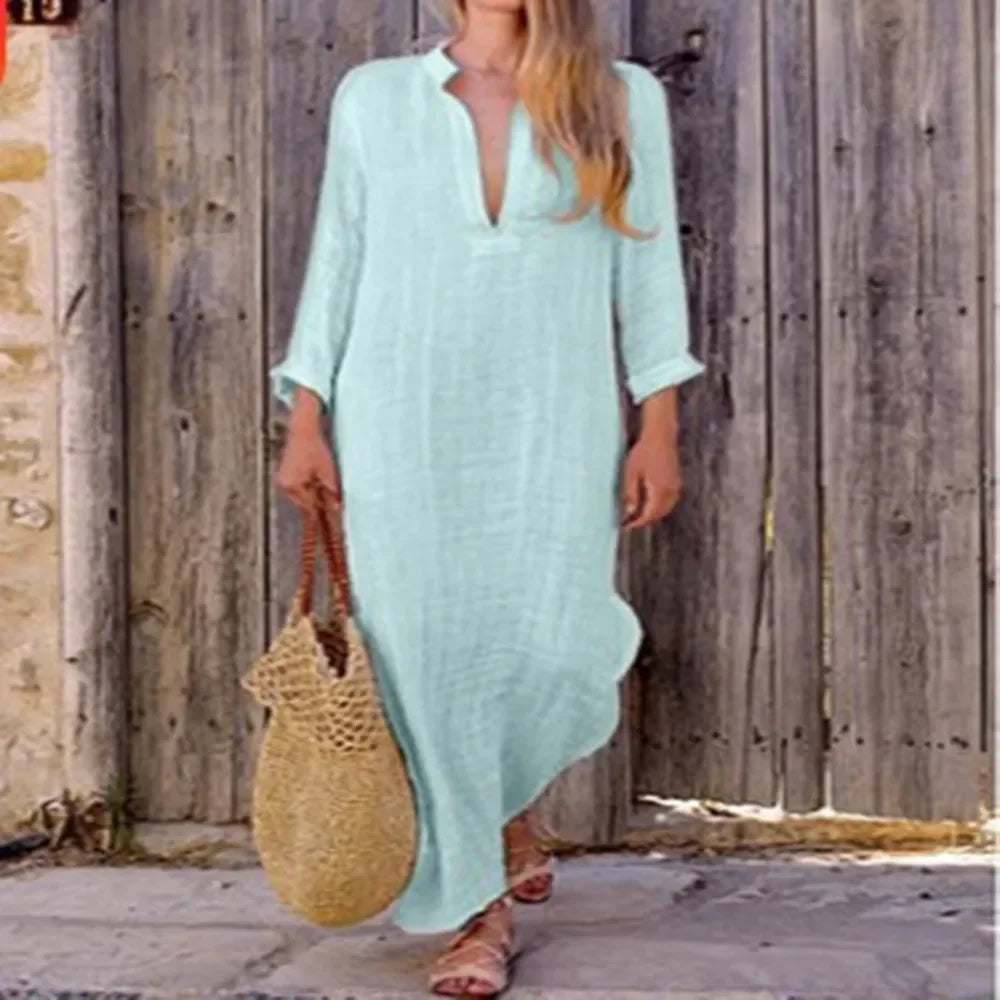 Women's Long Dress Cotton Linen V-neck Loose Casual Fashion Dresses Female Trendy Elegant Beach Ladies Clothes