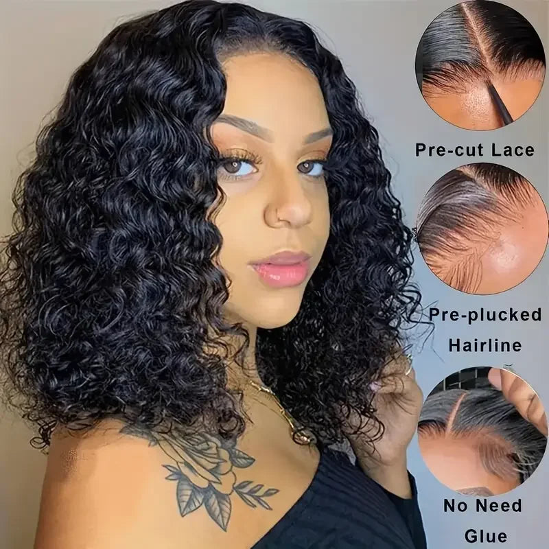 4x4 Put On And Go Glueless Bob Wigs Human Hair Curly For Women Pre Plucked Pre Cut Lace Ready To Wear Kinky Curly Lace Front Wig