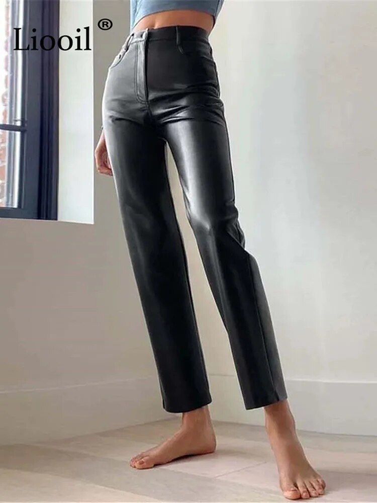 Liooil Faux Leather Straight Leg Pants High Waist Spring Sexy Brown Pants Slacks For Women Bottoms Vintage Streetwear Trousers
