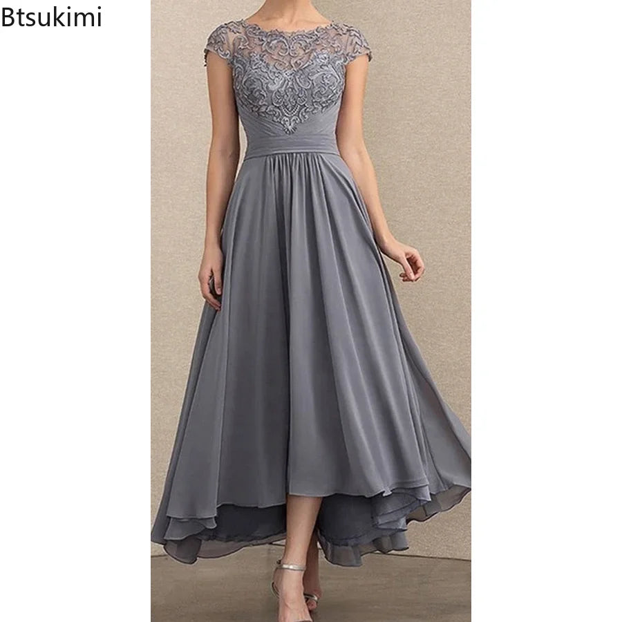 2024 Women's Elegant Evening Dresses O-Neck Sleeveless A-LINE Lace Chiffon Long Dresses Simple Prom High Waist Dress Female Robe