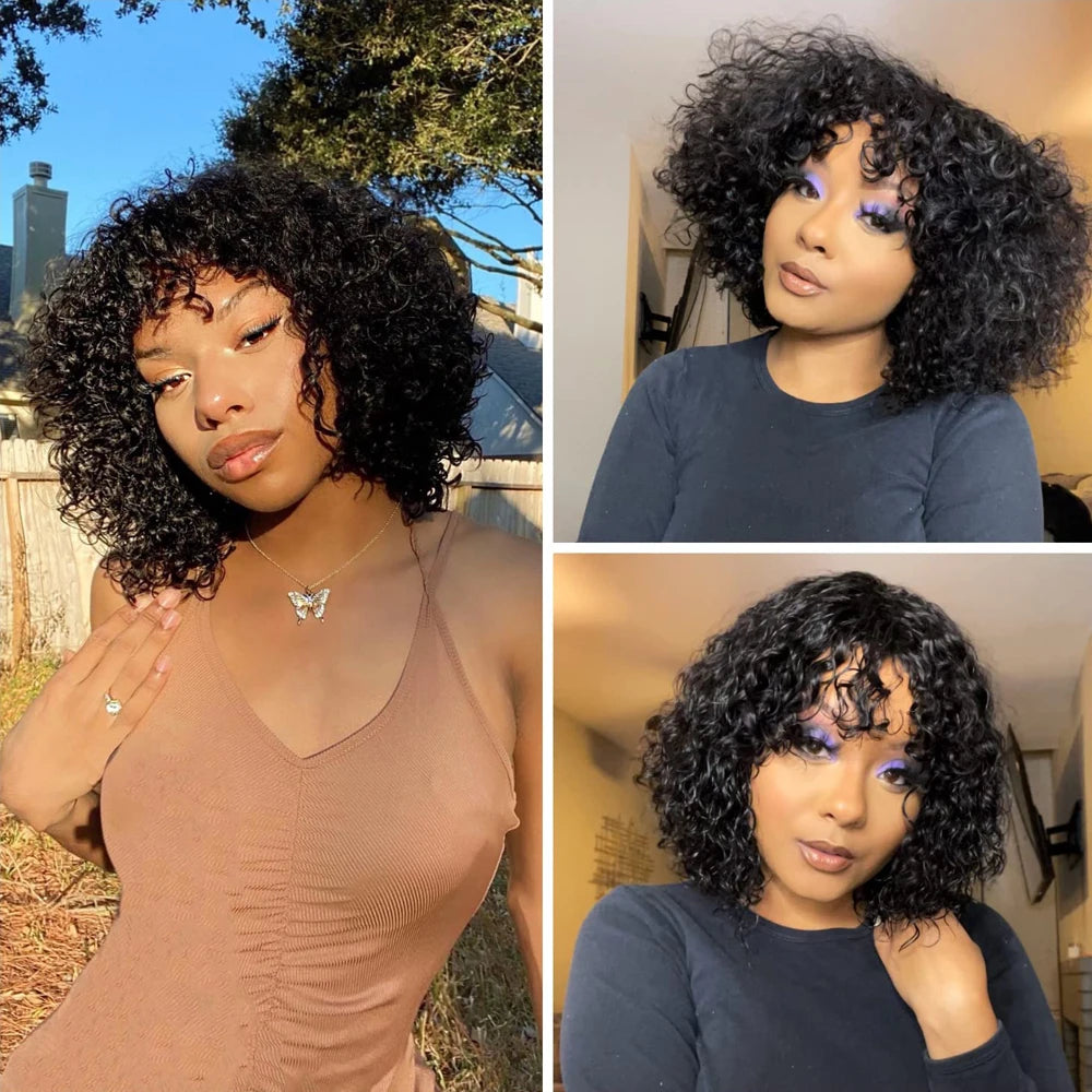 Short Curly Bob Wig With Bangs Natural Black Brazilian Curly Human Hair Wig For Women Machine Made 180% Density