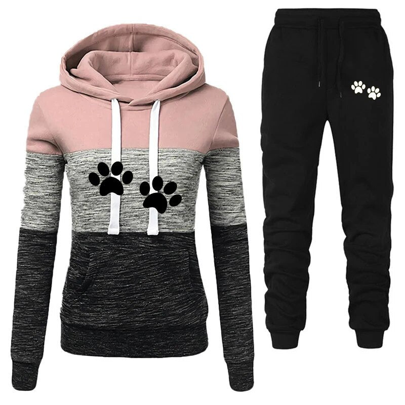 Cat Paw Printed Women Tracksuit Patchwork Hoodies and Pants 2 Piece Set  Long Sleeve Autumn Female Outfits Jogging Sport Suit