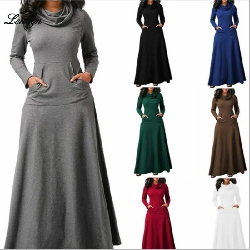 New Styl Autumn And Winter Solid Color Stitching With Pockets Scarf Expandable Slim Fit Long Dress