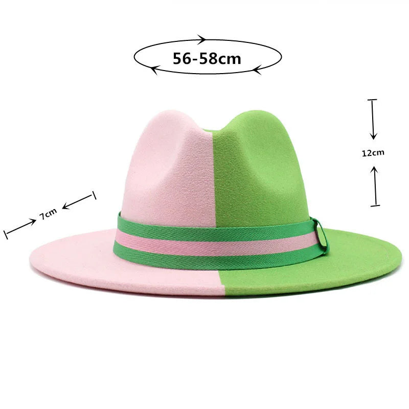 Patchwork Fedora Hat Colorful Two Tone Unisex Men Womens Panama Hat Green Pink British style Trilby Party Formal Panama Cap