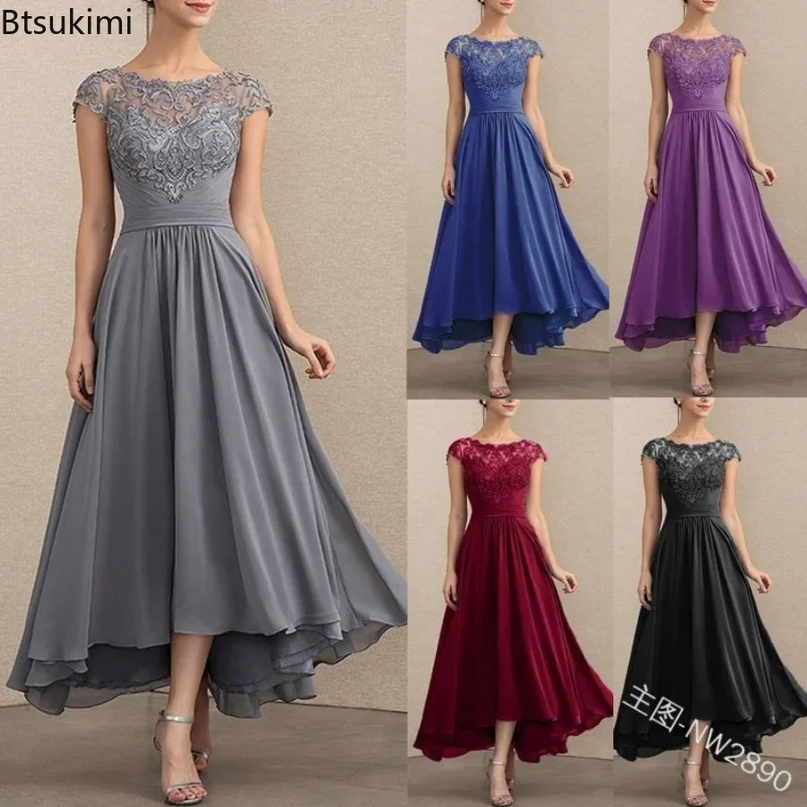 2024 Women's Elegant Evening Dresses O-Neck Sleeveless A-LINE Lace Chiffon Long Dresses Simple Prom High Waist Dress Female Robe