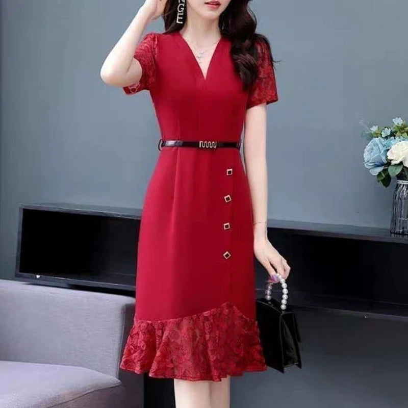 Lace Patchwork Belt High Waist Elegant Party Dresses for Women Summer Korean Fashion V Neck Short Sleeve Slim Midi Dress Vestido