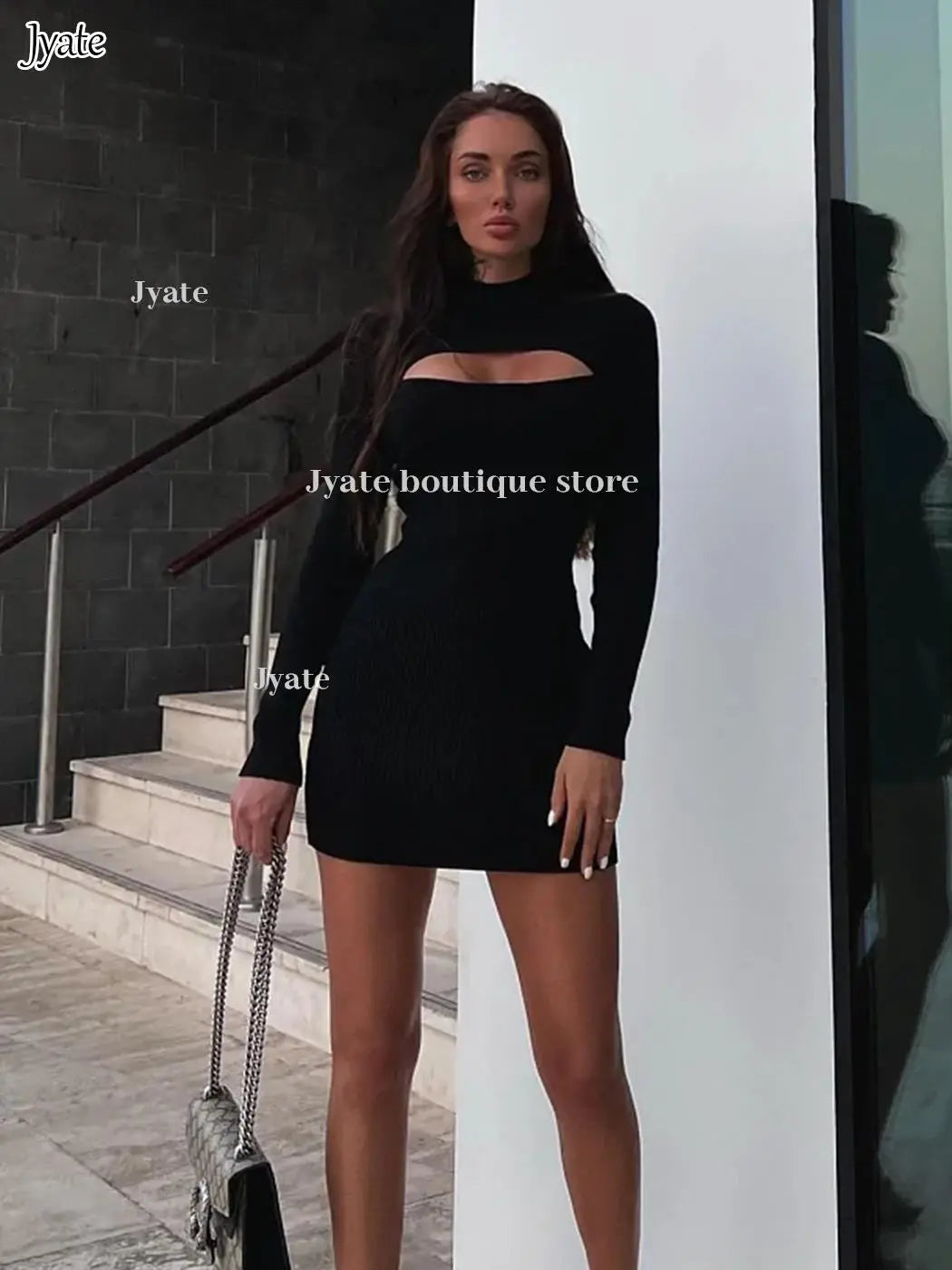 Women's Fall Long Sleeve Mini Knitted Dress 2023 New Solid Color Half Neck Fashion Rib Knit Hollow Out Sexy Tight Vestido