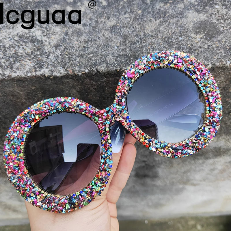 Rhinestone Sunglasses Women 2022 Designer Steampunk Oversized Round Female Sunglasses Music Festival Oculos De Sol Feminino