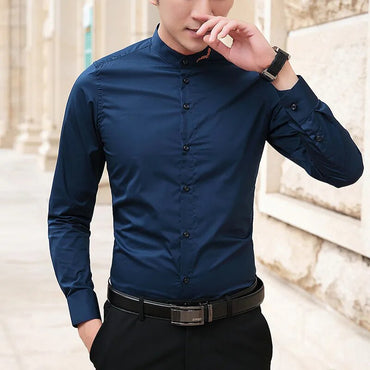 BROWON 2023 New Men Shirts Man Long Sleeve Solid Color Stand Collar Sold Color Male Big Size Casual Shirts Business