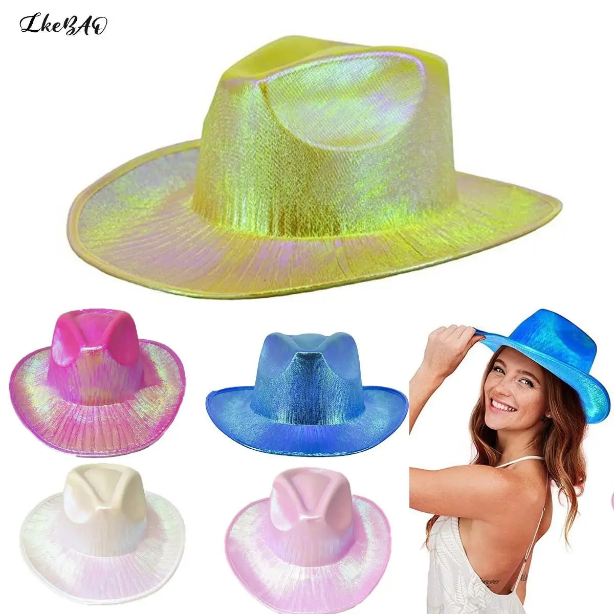 1PCS Women Wide Brim Caps Western Cowboy Hat Pearlescent Blinking Lights Cowgirl Hat For Party Holiday Costume