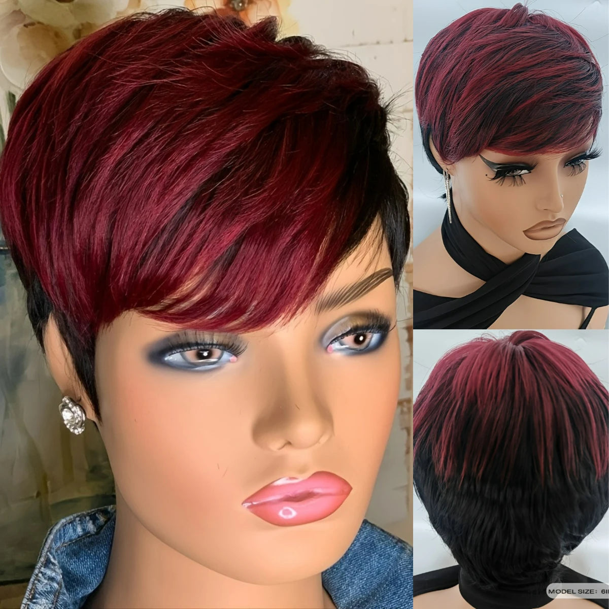 Non-lace-wig Full short wavy pixie cut Synthetic Wig/bang ,color Burgundy 99J/ natural black