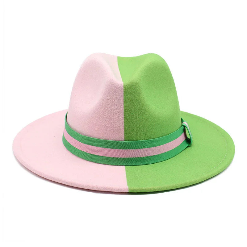 Patchwork Fedora Hat Colorful Two Tone Unisex Men Womens Panama Hat Green Pink British style Trilby Party Formal Panama Cap