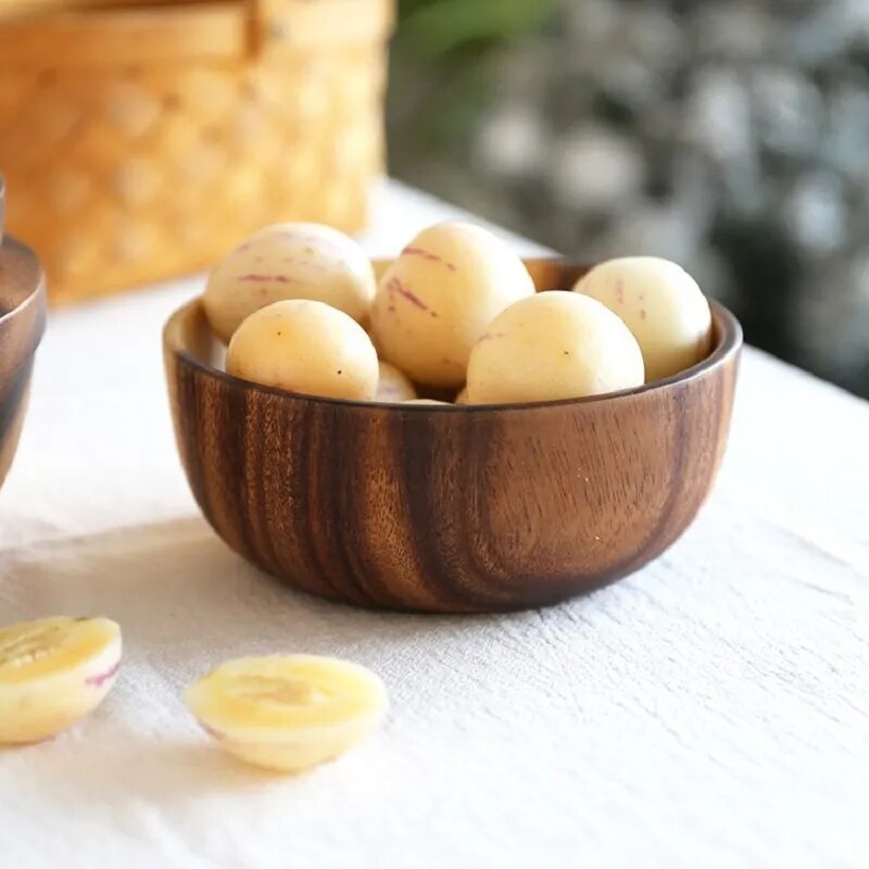 Acacia wood size solid wood bowl Japanese children anti-scalding wooden bowl whole wood soup bowl fruit salad bowl set